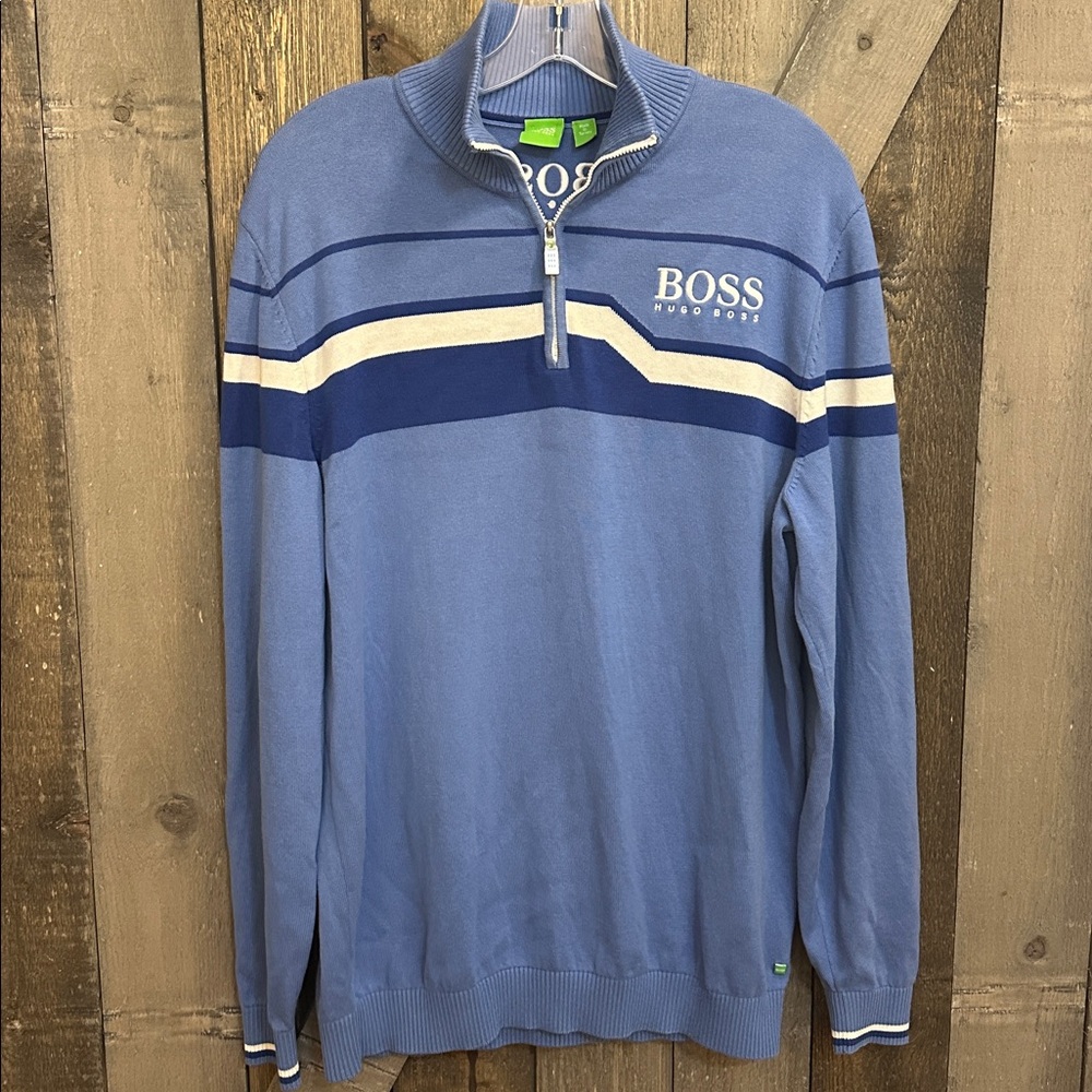 Hugo Boss Light Blue Quarter-Zip Sweater with Navy & White Stripes